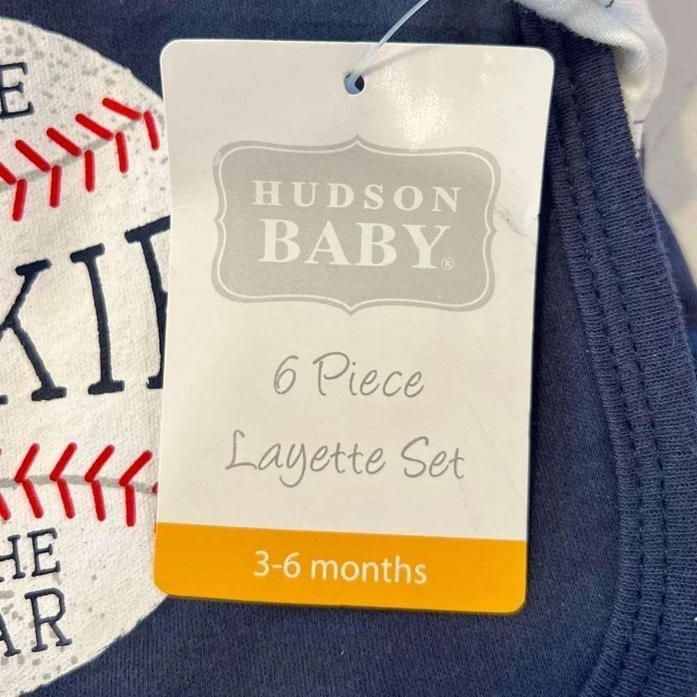 NWT Hudson Baby Cotton Layette Baseball 6pc Set Gray, White & Blue 3-6M